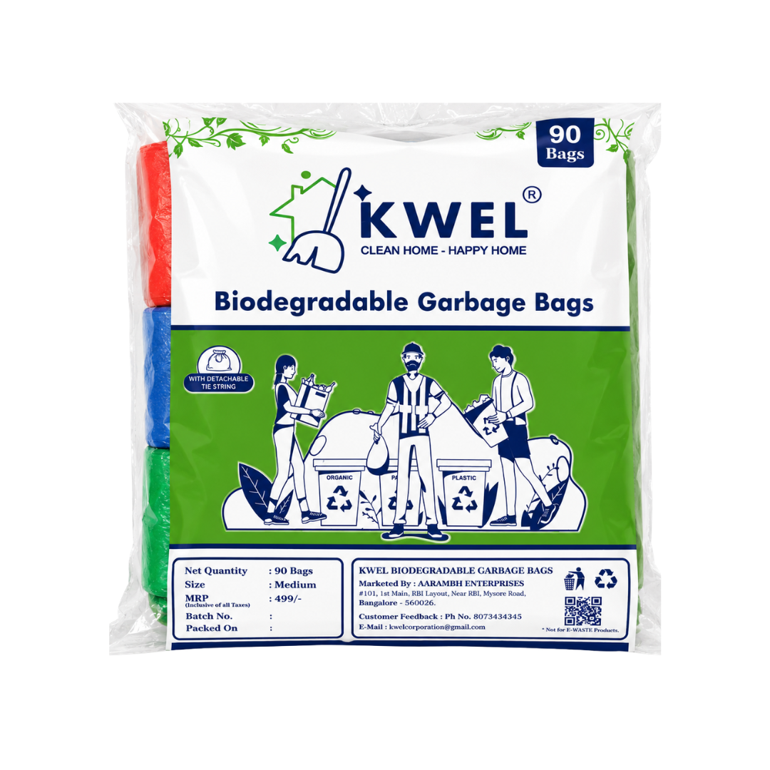 KWEL Biodegradable Garbage Bags Pack of 3 Rolls (90 Bags) – Red, Green & Blue Color-Coded Waste Disposal Bags, 19 x 21 Inch, Strong Leak-Resistant Trash Bags for Home, Office, Kitchen & Commercial Use