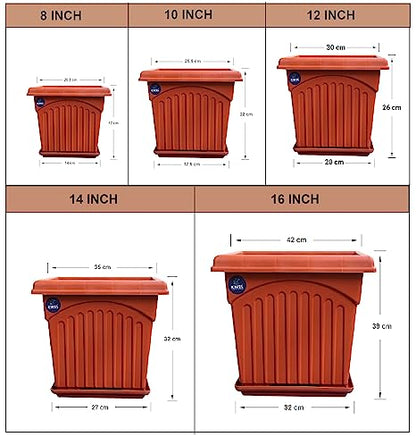 KWEL UV Treated Heavy Square Plastic Planter Pot with Tray for Home and Garden Decoration Pack of 4 Pots