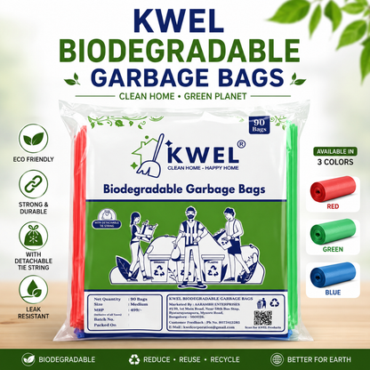 KWEL Biodegradable Garbage Bags Pack of 3 Rolls (90 Bags) – Red, Green & Blue Color-Coded Waste Disposal Bags, 19 x 21 Inch, Strong Leak-Resistant Trash Bags for Home, Office, Kitchen & Commercial Use