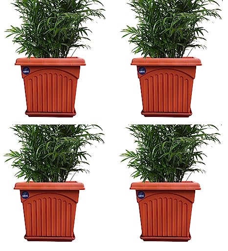 KWEL UV Treated Heavy Square Plastic Planter Pot with Tray for Home and Garden Decoration Pack of 4 Pots