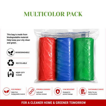 KWEL Biodegradable Garbage Bags Pack of 3 Rolls (90 Bags) – Red, Green & Blue Color-Coded Waste Disposal Bags, 19 x 21 Inch, Strong Leak-Resistant Trash Bags for Home, Office, Kitchen & Commercial Use