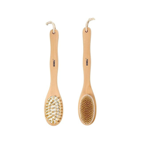 KWEL Wooden Double-sided Bath Brush With Massager and Long Handle | Natural Bristles | Dry Brushing Removes Dead Skin, Treats Cellulite & Stimulates Blood Flow