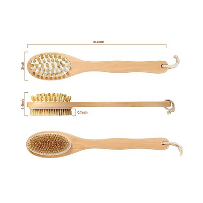 KWEL Wooden Double-sided Bath Brush With Massager and Long Handle | Natural Bristles | Dry Brushing Removes Dead Skin, Treats Cellulite & Stimulates Blood Flow