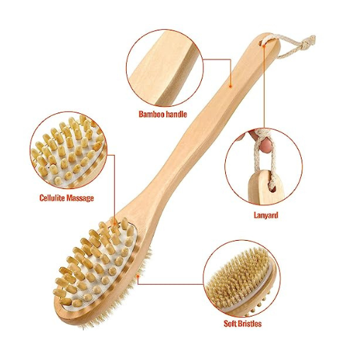 KWEL Wooden Double-sided Bath Brush With Massager and Long Handle | Natural Bristles | Dry Brushing Removes Dead Skin, Treats Cellulite & Stimulates Blood Flow