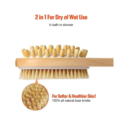 KWEL Wooden Double-sided Bath Brush With Massager and Long Handle | Natural Bristles | Dry Brushing Removes Dead Skin, Treats Cellulite & Stimulates Blood Flow