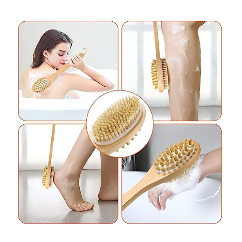 KWEL Wooden Double-sided Bath Brush With Massager and Long Handle | Natural Bristles | Dry Brushing Removes Dead Skin, Treats Cellulite & Stimulates Blood Flow