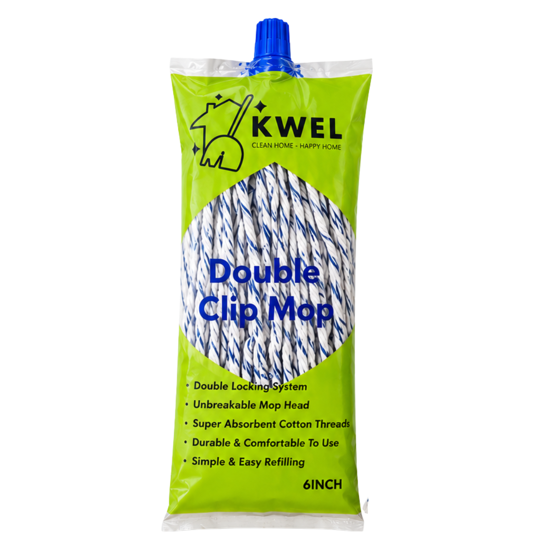 KWEL Double Clip Cotton Mop Heavd 6 Inch, 300 GM | Super Absorbent Wet Mop Head Refill for Home, Office & Kitchen Cleaning | Durable Cotton Threads | Pack of 1(Blue & White)