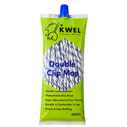 KWEL Double Clip Cotton Mop Heavd 6 Inch, 300 GM | Super Absorbent Wet Mop Head Refill for Home, Office & Kitchen Cleaning | Durable Cotton Threads | Pack of 1(Blue & White)
