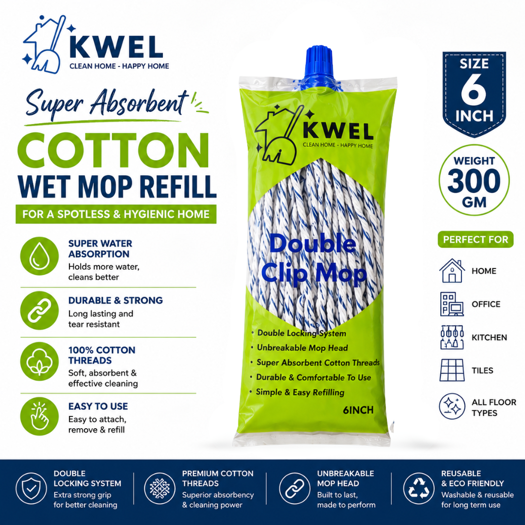 KWEL Double Clip Cotton Mop Heavd 6 Inch, 300 GM | Super Absorbent Wet Mop Head Refill for Home, Office & Kitchen Cleaning | Durable Cotton Threads | Pack of 1(Blue & White)