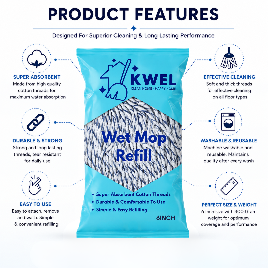 KWEL Super Absorbent Cotton Wet Mop Refill 6 Inch (300 GM) Pack of 1(Blue & White) | Heavy Duty Floor Cleaning Mop Refill for Home, Office, Kitchen & Tiles