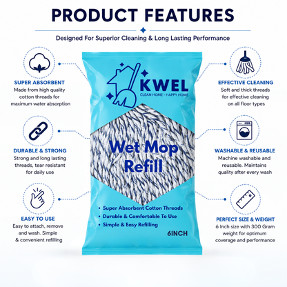 KWEL Super Absorbent Cotton Wet Mop Refill 6 Inch (300 GM) Pack of 1(Blue & White) | Heavy Duty Floor Cleaning Mop Refill for Home, Office, Kitchen & Tiles