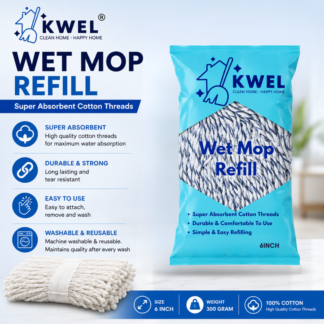 KWEL Super Absorbent Cotton Wet Mop Refill 6 Inch (300 GM) Pack of 1(Blue & White) | Heavy Duty Floor Cleaning Mop Refill for Home, Office, Kitchen & Tiles