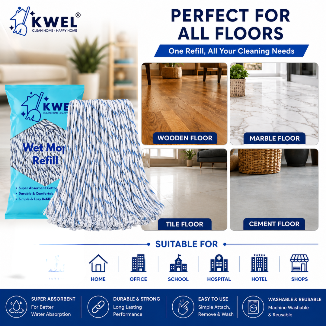 KWEL Super Absorbent Cotton Wet Mop Refill 6 Inch (300 GM) Pack of 1(Blue & White) | Heavy Duty Floor Cleaning Mop Refill for Home, Office, Kitchen & Tiles
