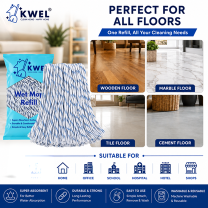 KWEL Super Absorbent Cotton Wet Mop Refill 6 Inch (300 GM) Pack of 1(Blue & White) | Heavy Duty Floor Cleaning Mop Refill for Home, Office, Kitchen & Tiles
