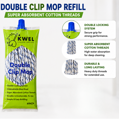 KWEL Double Clip Cotton Mop Heavd 6 Inch, 300 GM | Super Absorbent Wet Mop Head Refill for Home, Office & Kitchen Cleaning | Durable Cotton Threads | Pack of 1(Blue & White)