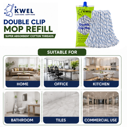 KWEL Double Clip Cotton Mop Heavd 6 Inch, 300 GM | Super Absorbent Wet Mop Head Refill for Home, Office & Kitchen Cleaning | Durable Cotton Threads | Pack of 1(Blue & White)