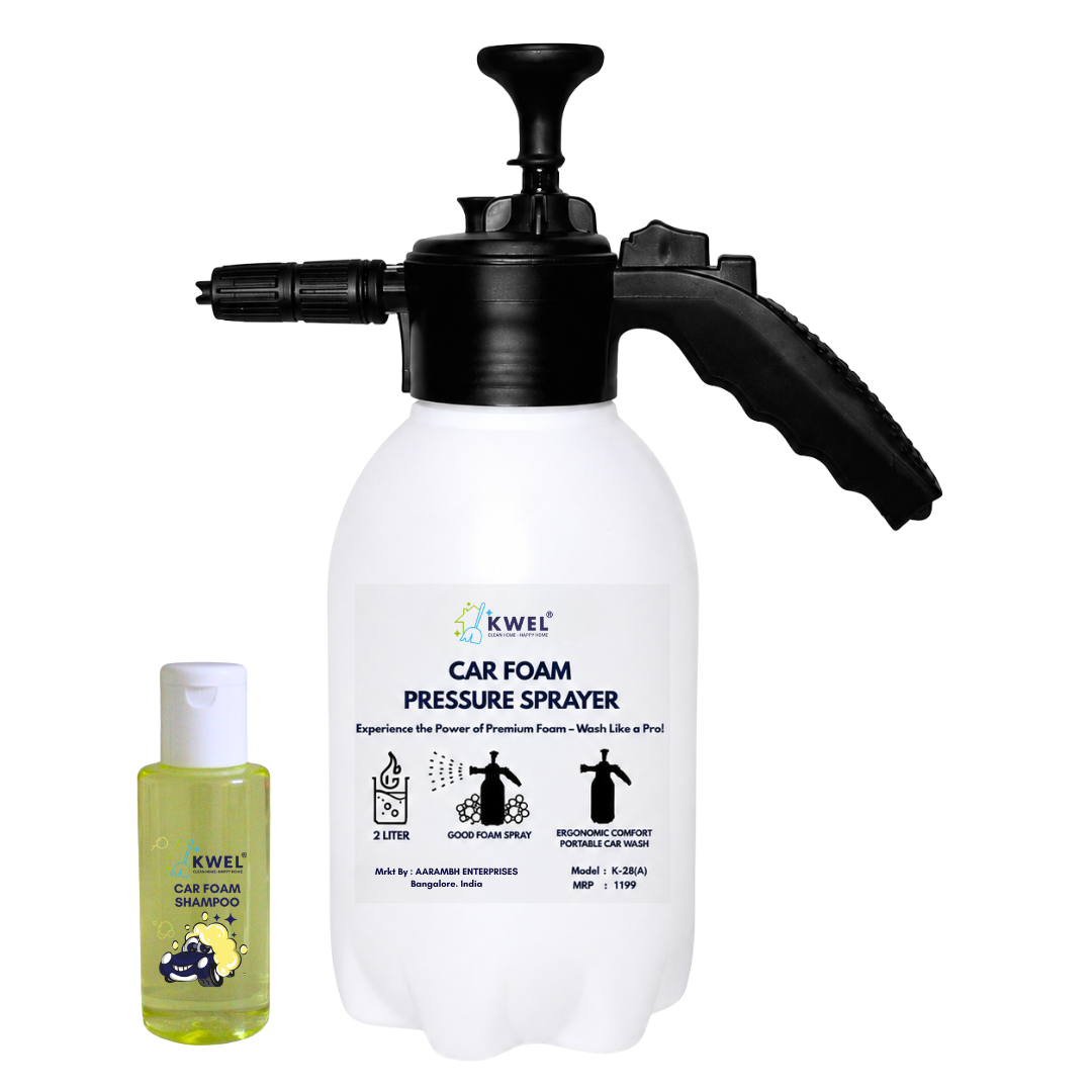 KWEL Multipurpose Car Foam Sprayer | Hand Pump Thick Foam Pressure Bottle for Car & Bike Washing (White, 2L, Pack of 1) with 100ml Car Shampoo