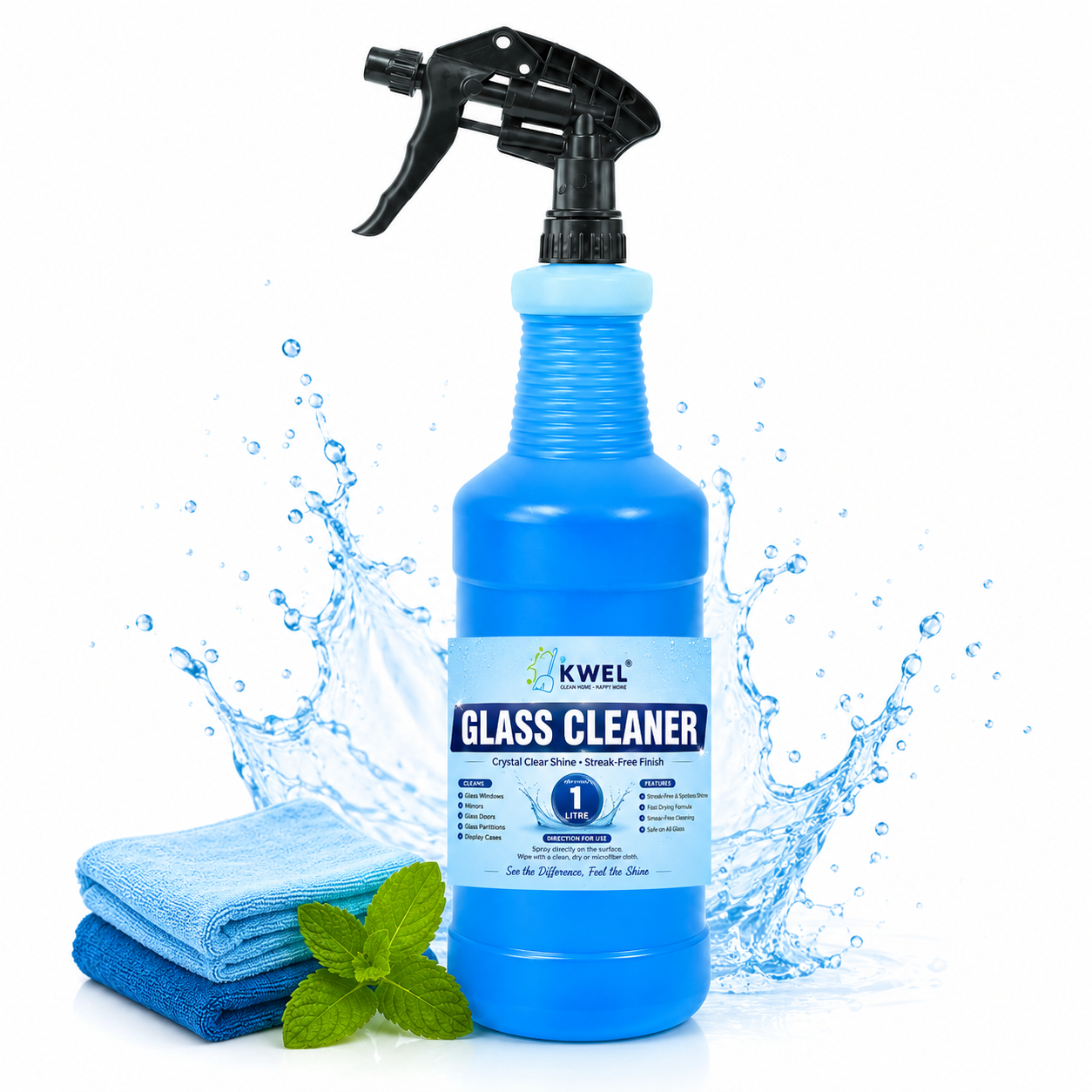 KWEL Glass Cleaner Spray 1 Litre | Streak-Free Shine Formula | Removes Dust, Fingerprints & Water Marks | For Glass, Mirrors, Windows & Glass Tables | Pack of 1