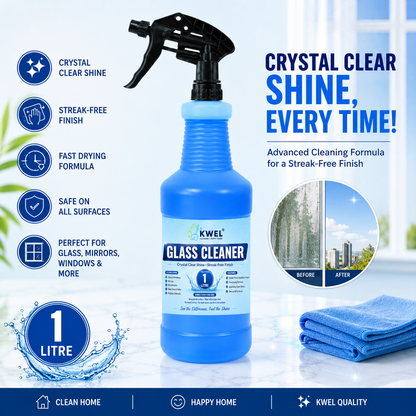KWEL Glass Cleaner Spray 1 Litre | Streak-Free Shine Formula | Removes Dust, Fingerprints & Water Marks | For Glass, Mirrors, Windows & Glass Tables | Pack of 1