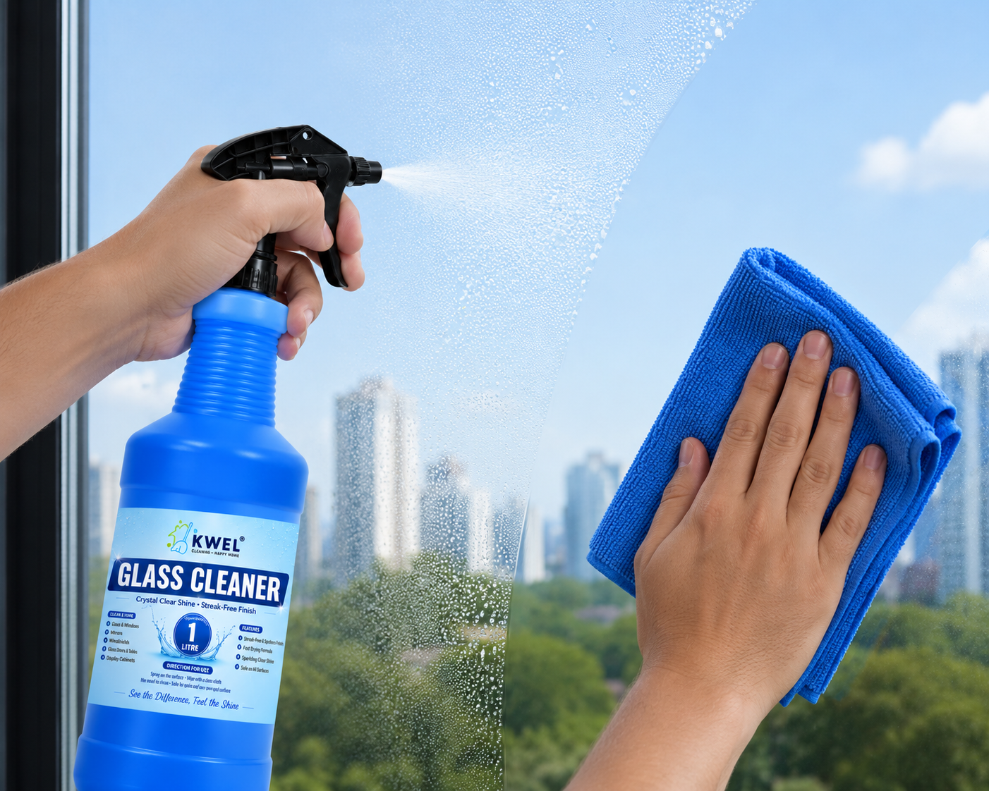 KWEL Glass Cleaner Spray 1 Litre | Streak-Free Shine Formula | Removes Dust, Fingerprints & Water Marks | For Glass, Mirrors, Windows & Glass Tables | Pack of 1