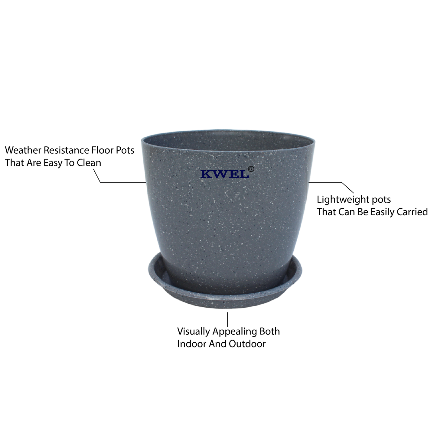 KWEL Divinity Pot 8inch with Bottom Tray For Home, Garden, Office, Grey.