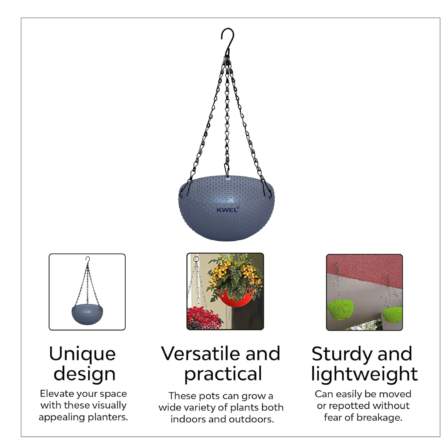 KWEL Europa Decorative Hanging Pots 8inch (Pack of 3) Color Grey.