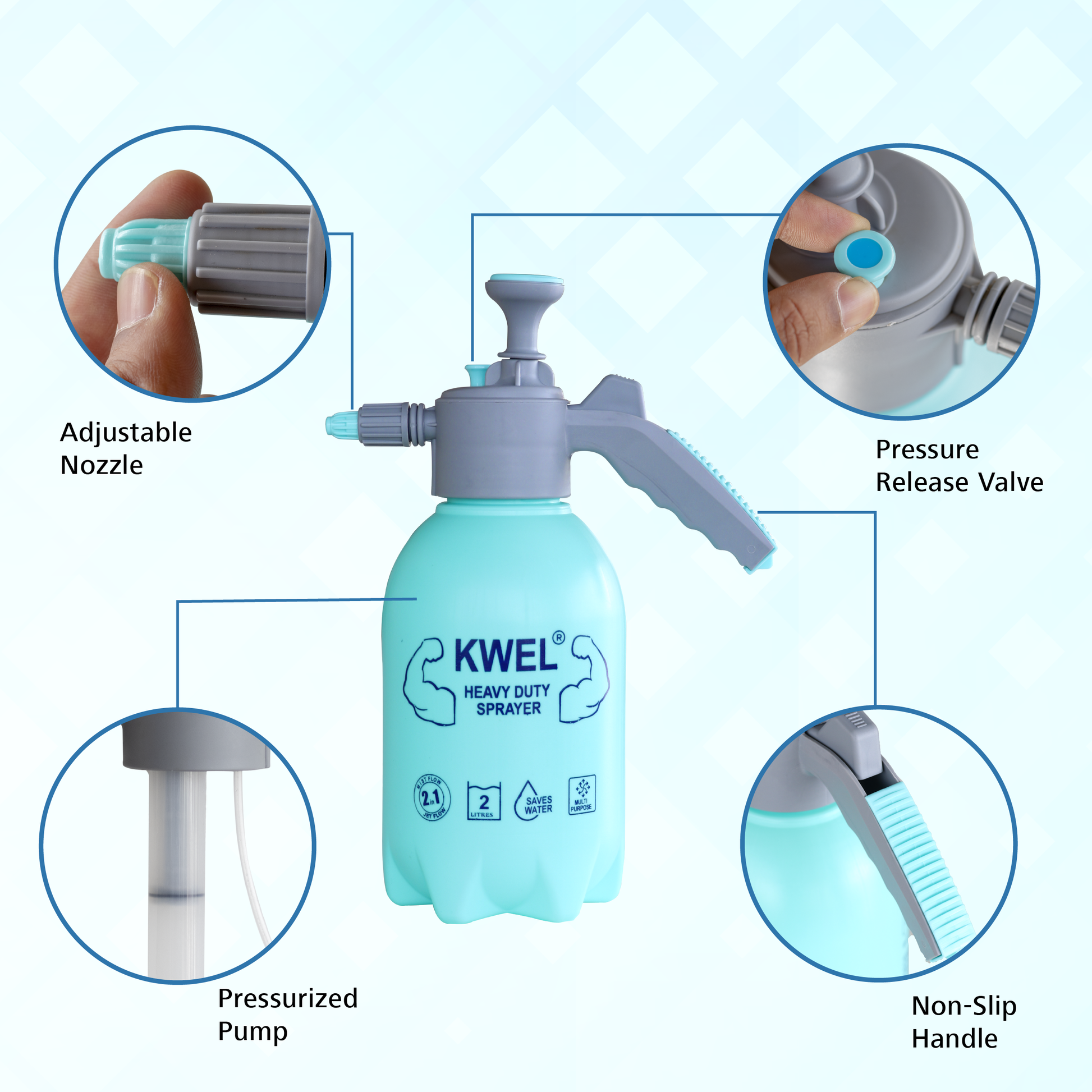 KWEL Heavy Duty Garden Pump Sprayer 2L Capacity Water Mist Spray