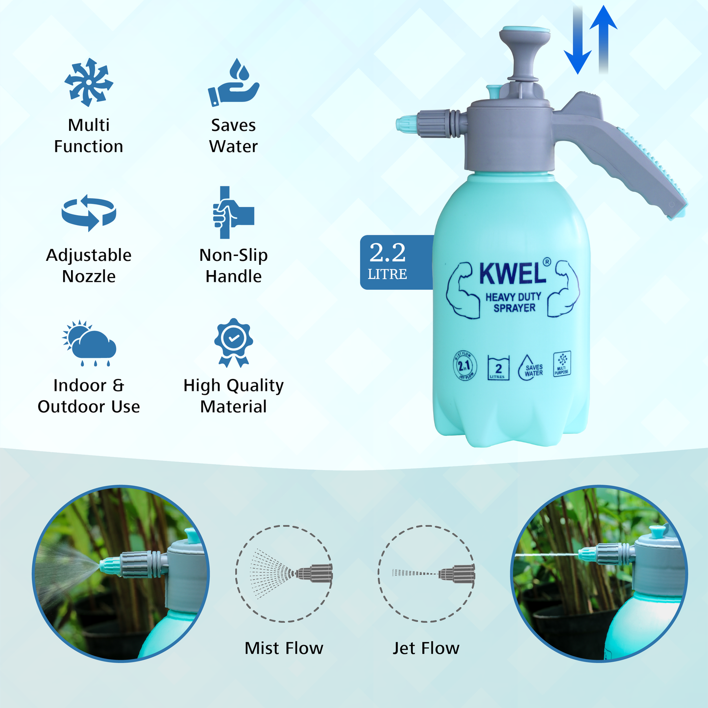 KWEL Heavy Duty Garden Pump Sprayer - 2L Capacity Water Mist Spray Bottle (Blue) - Regular