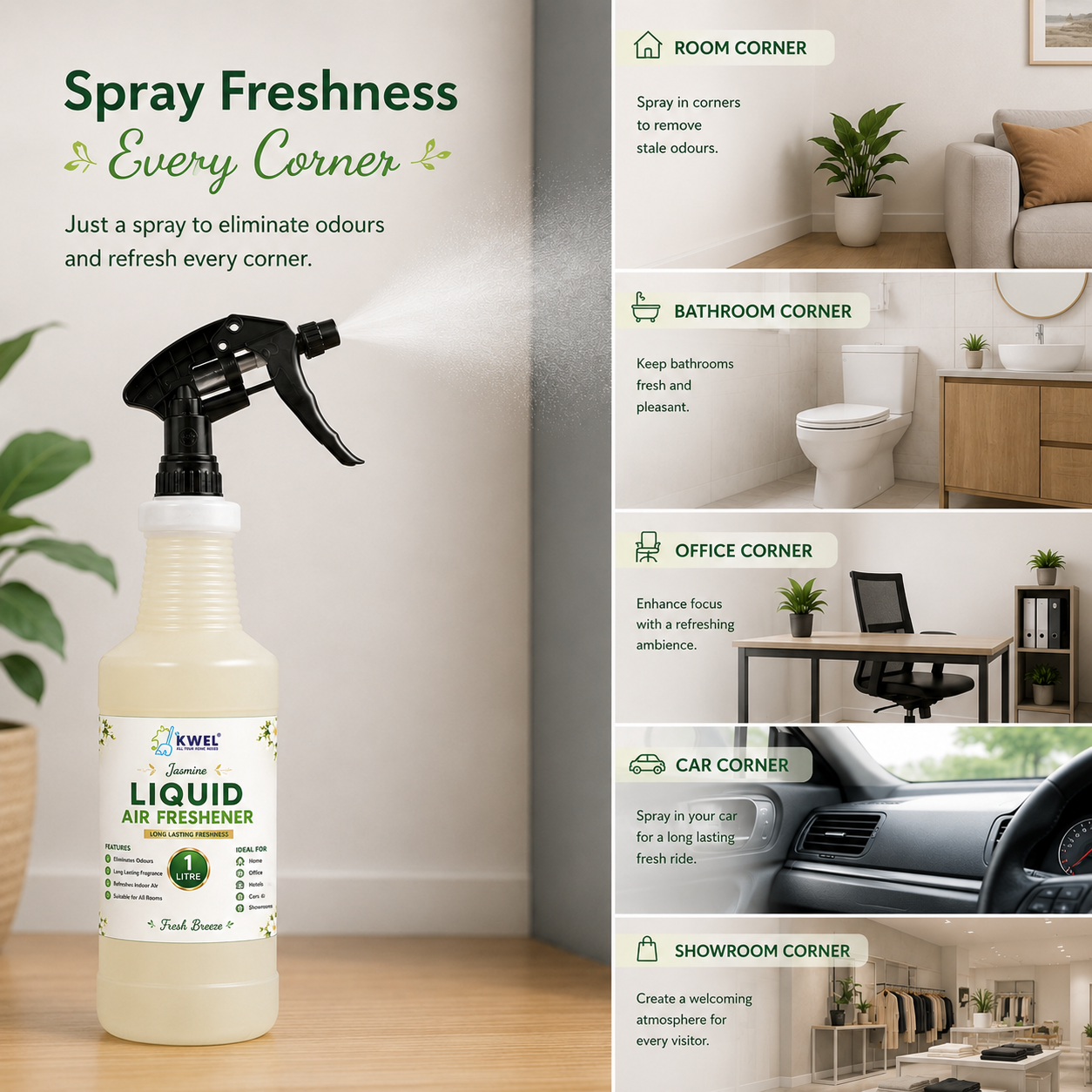 KWEL Liquid Air Freshener Spray 1 Litre | Long Lasting Room Freshener | Eliminates Odours & Refreshes Air | Home, Office, Hotel, Washroom & Commercial Use | Pack of 1
