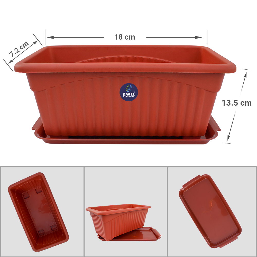 KWEL Rectangle Royal Planter Pots With Tray No-2(Medium) Terracotta Colour (Pack of 3)