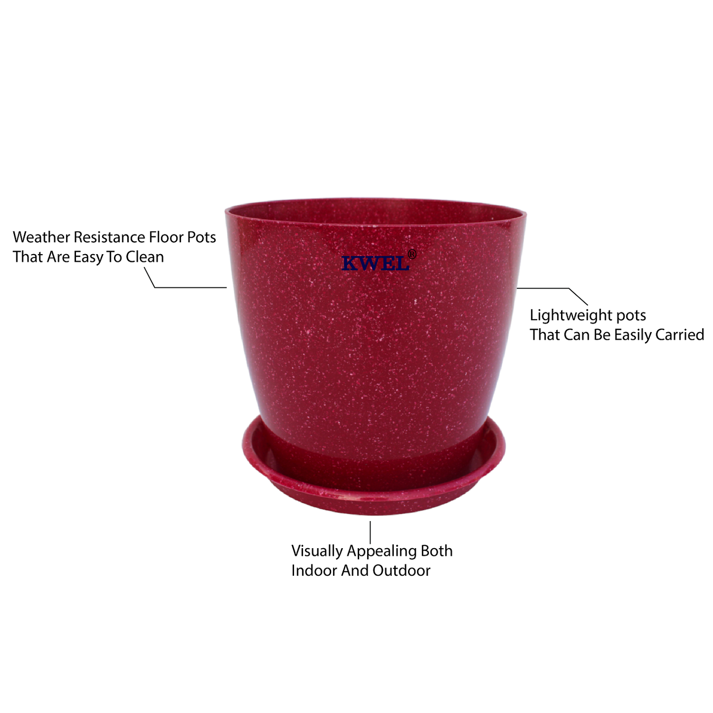 KWEL Divinity Pot 8inch with Bottom Tray For Home, Garden, Office, Maroon.