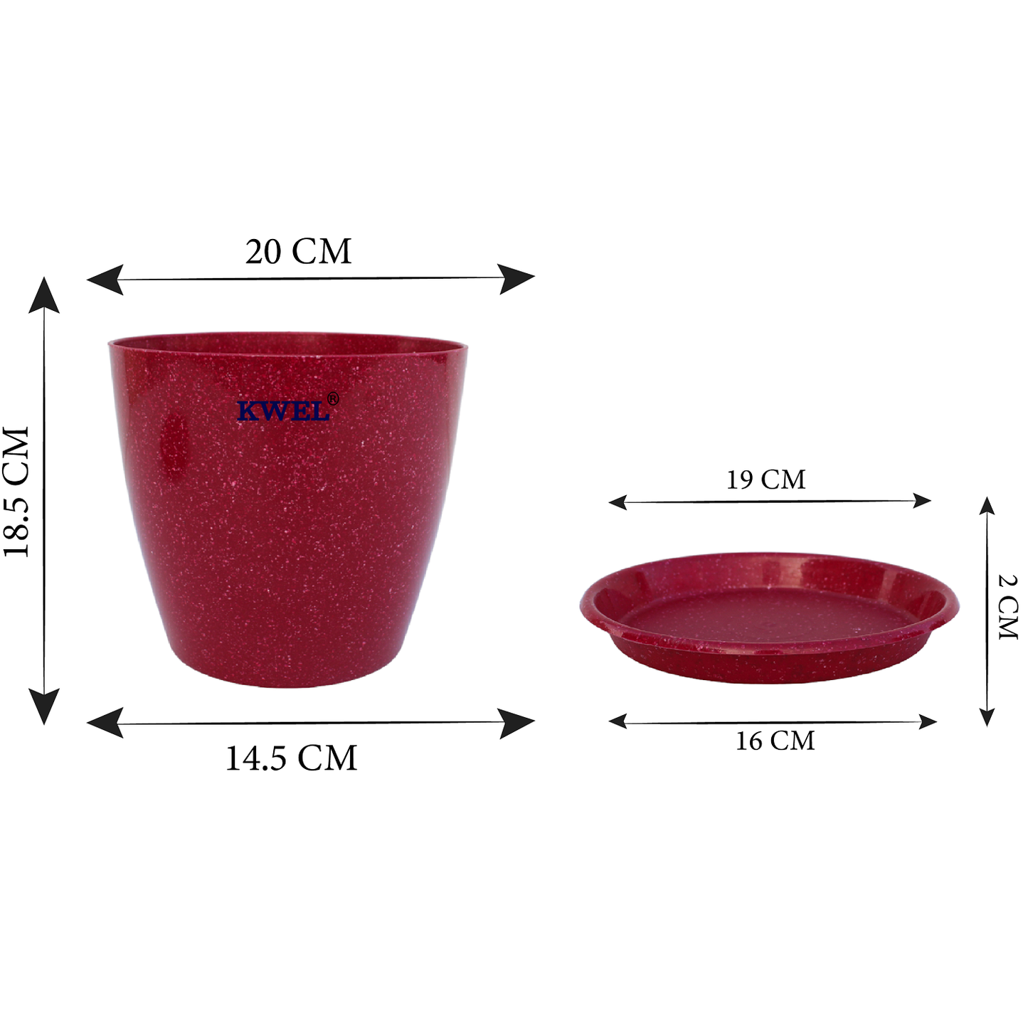 KWEL Divinity Pot 8inch with Bottom Tray For Home, Garden, Office, Maroon.