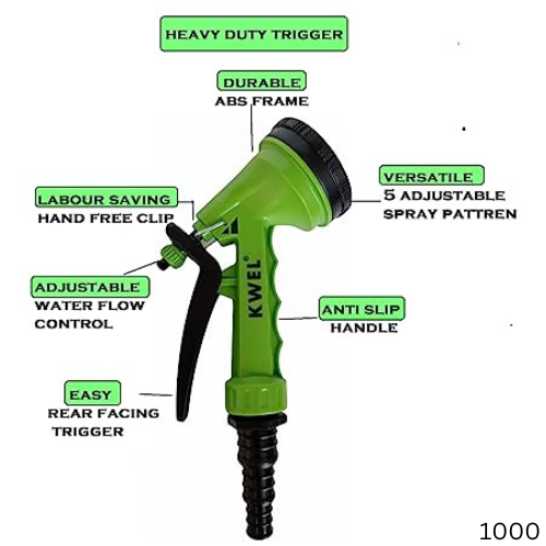 KWEL 5 Adjustable Pattern High Pressure Garden Hose Nozzle Water Spray Gun - Green