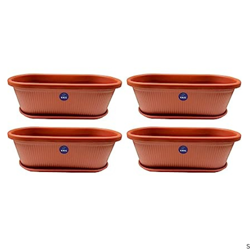 KWEL Regalia Plastic Planter Pot with Tray Big Size (Brown) Pack of 4