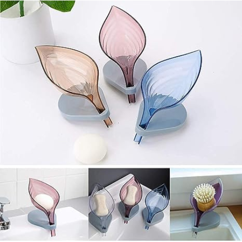 KWEL Plastic Leaf Shape Soap Box Self Holder with Draining Tray for Bathroom Kitchen (Multicolor) Pack of 3