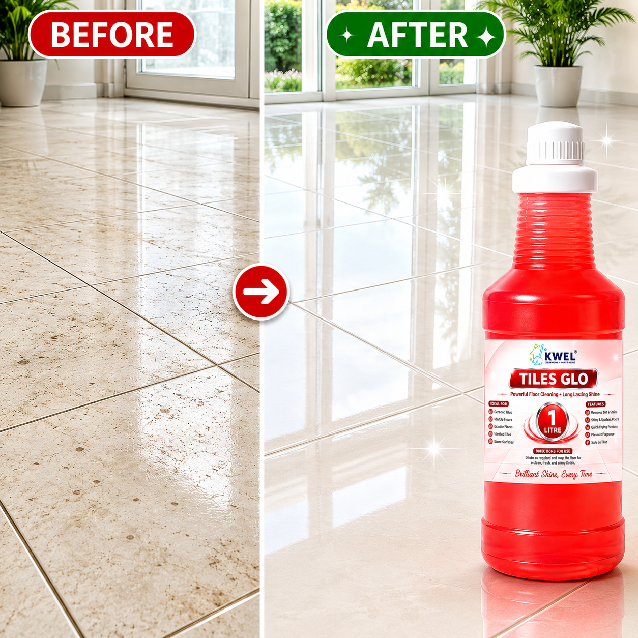 KWEL Tiles Glo Floor Cleaner 1 Litre | Advanced Floor Cleaning Liquid | Removes Dirt, Stains & Marks | Long Lasting Freshness & Shine | For Tiles, Marble, Granite & Vitrified Floors | Pack of 1