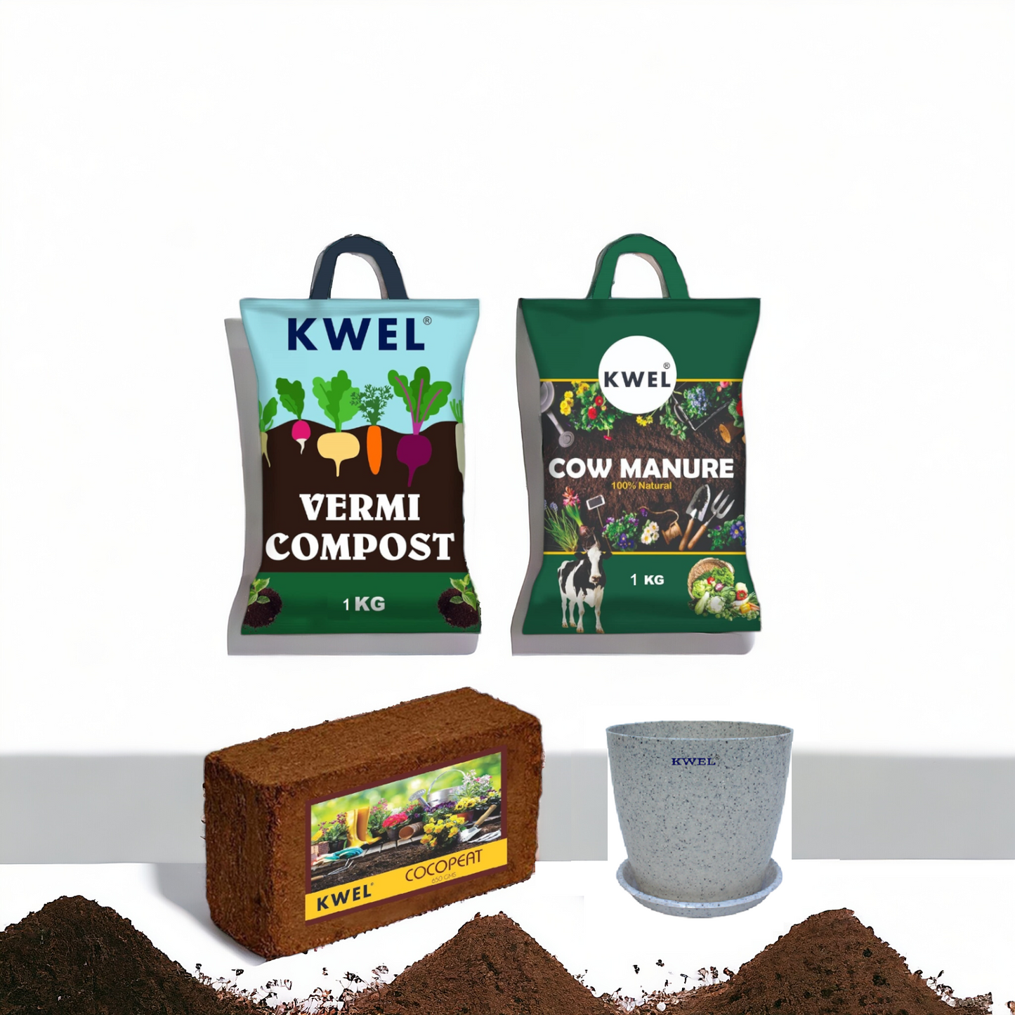 KWEL Nutrient Combo Vermicompost 1kg, Organic Cow Manure 1kg, Coco Peat 650gm With Bonus Divinity Pot 6".