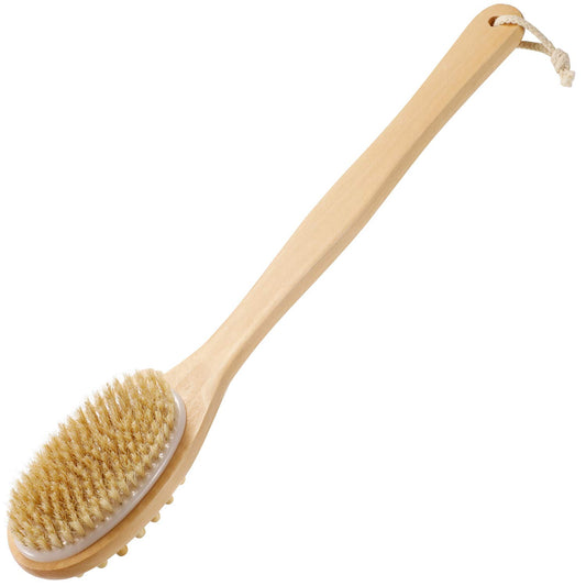 KWEL Wooden Double-sided Bath Brush With Massager and Long Handle | Natural Bristles | Dry Brushing Removes Dead Skin, Treats Cellulite & Stimulates Blood Flow