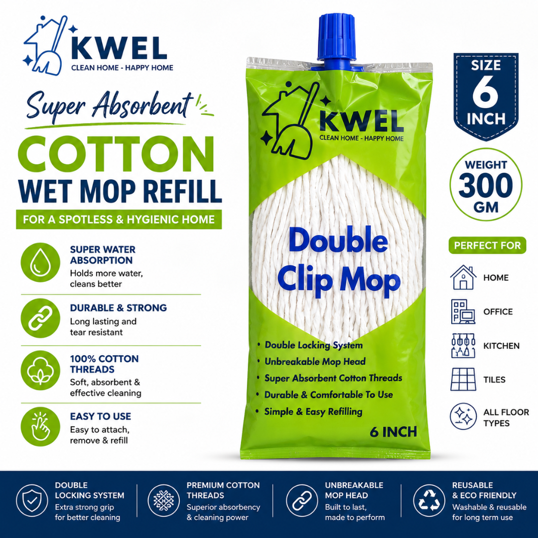 KWEL Double Clip Cotton Mop Heavd 6 Inch, 300 GM | Super Absorbent Wet Mop Head Refill for Home, Office & Kitchen Cleaning | Durable Cotton Threads | Pack of 1(White)