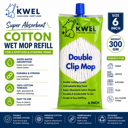 KWEL Double Clip Cotton Mop Heavd 6 Inch, 300 GM | Super Absorbent Wet Mop Head Refill for Home, Office & Kitchen Cleaning | Durable Cotton Threads | Pack of 1(White)