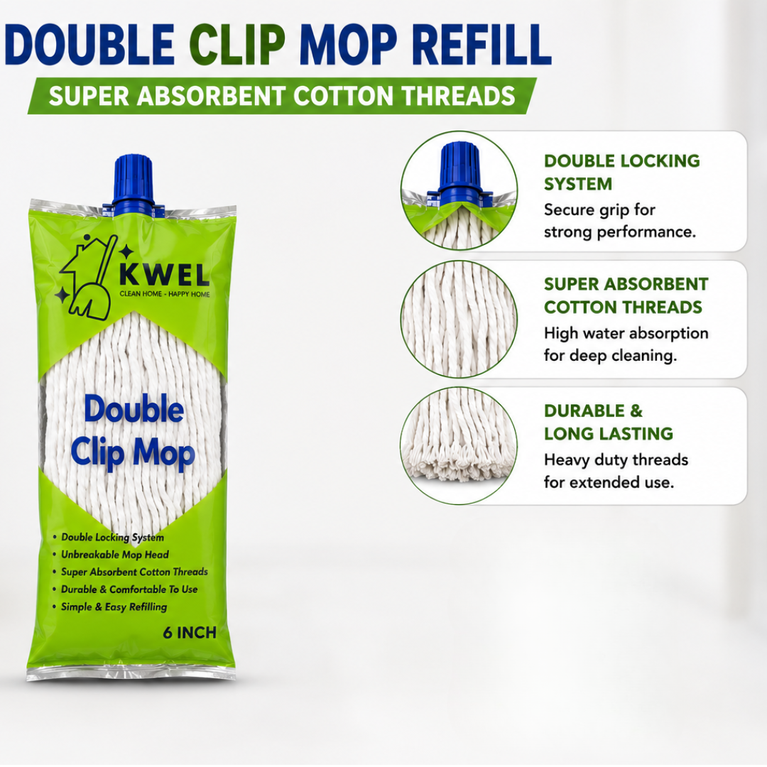 KWEL Double Clip Cotton Mop Heavd 6 Inch, 300 GM | Super Absorbent Wet Mop Head Refill for Home, Office & Kitchen Cleaning | Durable Cotton Threads | Pack of 1(White)