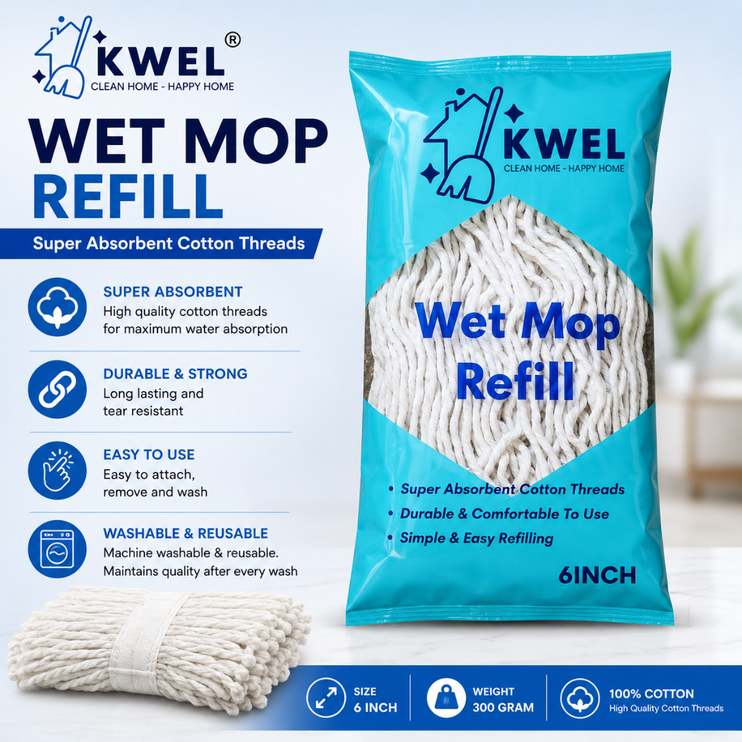 KWEL Super Absorbent Cotton Wet Mop Refill 6 Inch (300 GM) Pack of 1 (White) | Heavy Duty Floor Cleaning Mop Refill for Home, Office, Kitchen & Tiles