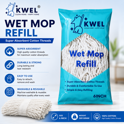 KWEL Super Absorbent Cotton Wet Mop Refill 6 Inch (300 GM) Pack of 1 (White) | Heavy Duty Floor Cleaning Mop Refill for Home, Office, Kitchen & Tiles