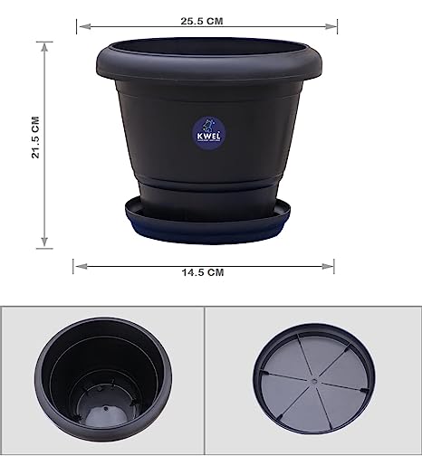 KWEL Flower Pots for Plants and Flowers Including Tray Size 10 Inch - Black