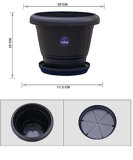 KWEL Flower Pots for Plants and Flowers Including Tray Size 12 Inch - Black