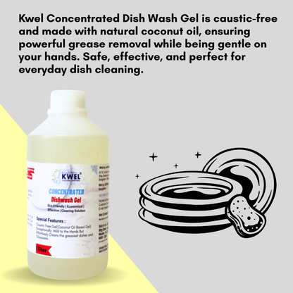 Kwel Concentrated Dishwash Gel 1L | Caustic-Free, Coconut Oil-Based Formula for Gentle & Effective Cleaning (White, Pack of 1)