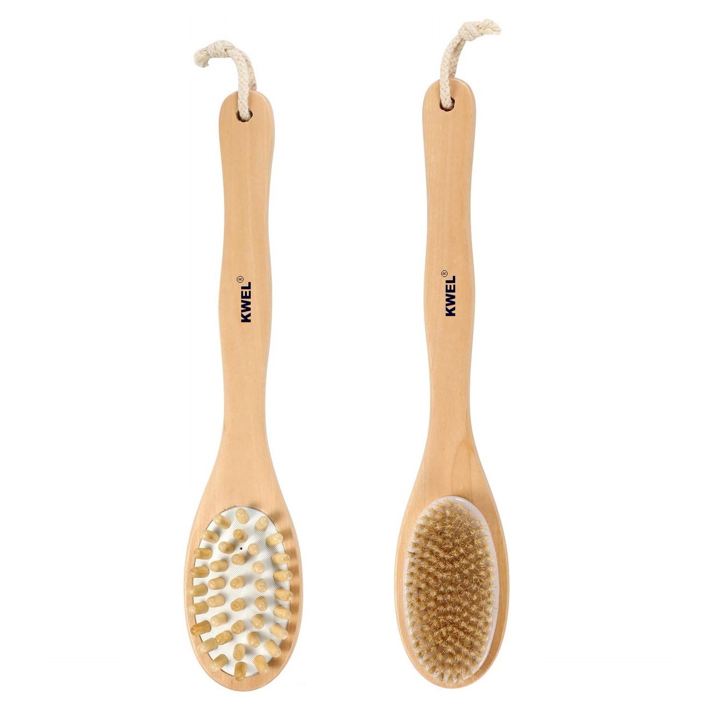 KWEL Wooden Double-sided Bath Brush With Massager and Long Handle | Natural Bristles | Dry Brushing Removes Dead Skin, Treats Cellulite & Stimulates Blood Flow