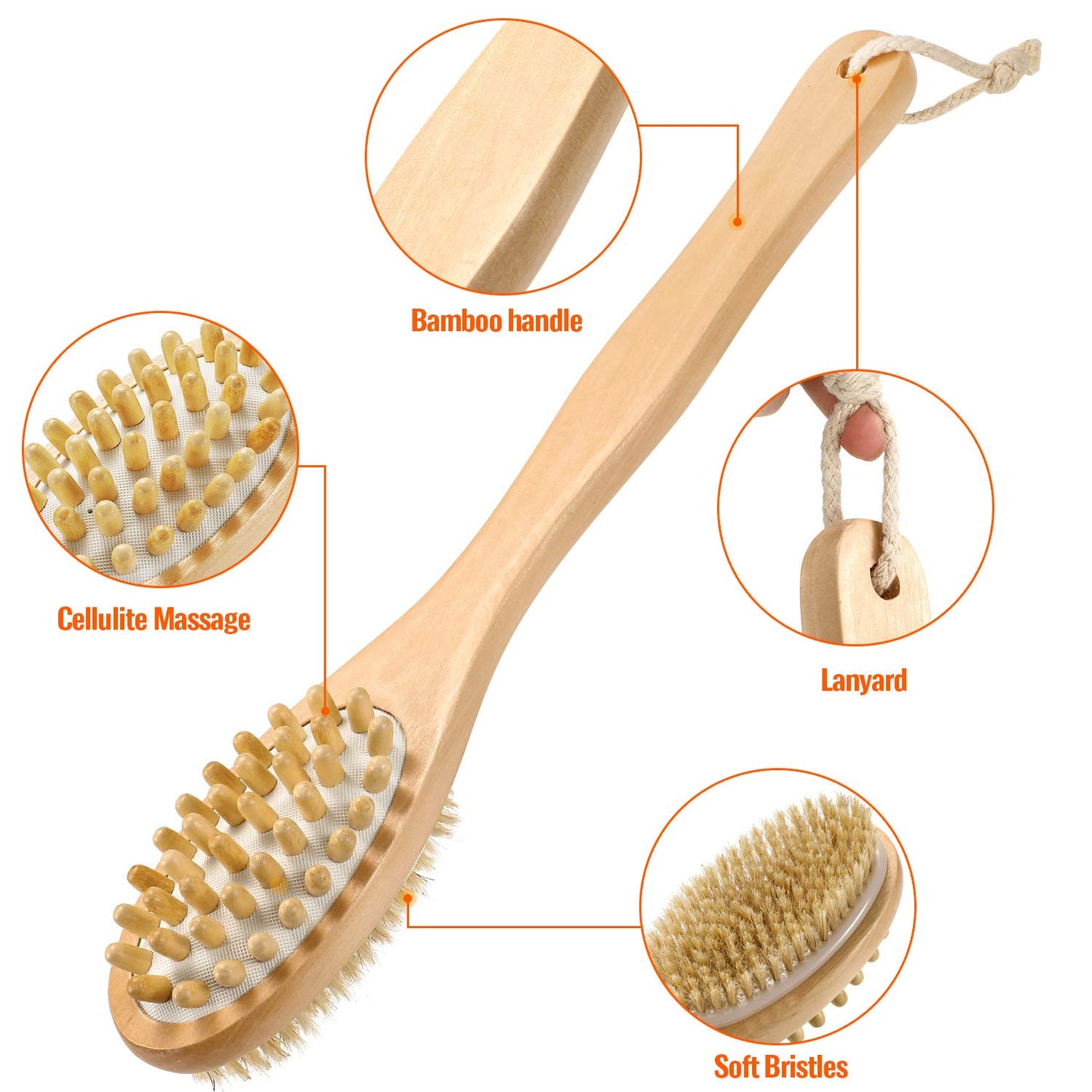 KWEL Wooden Double-sided Bath Brush With Massager and Long Handle | Natural Bristles | Dry Brushing Removes Dead Skin, Treats Cellulite & Stimulates Blood Flow