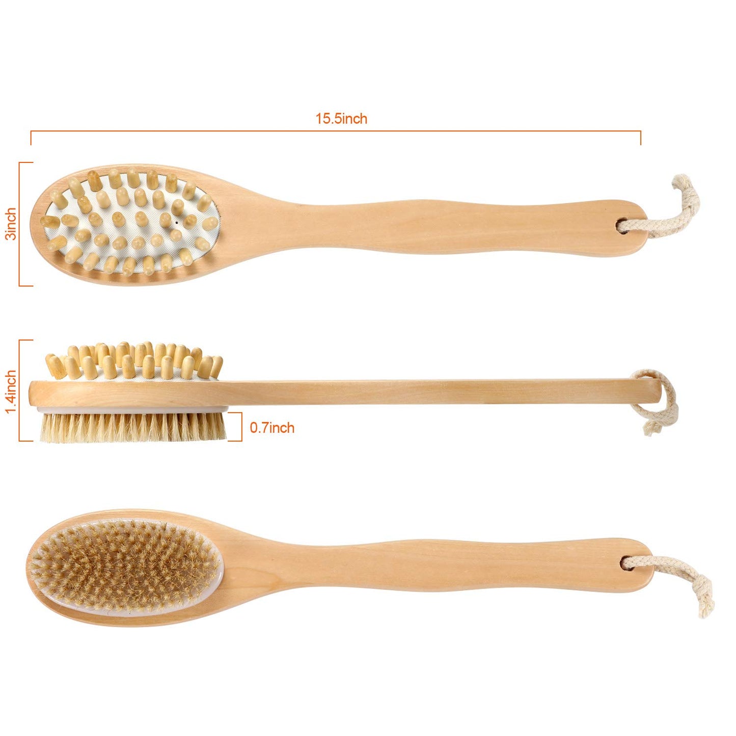 KWEL Wooden Double-sided Bath Brush With Massager and Long Handle | Natural Bristles | Dry Brushing Removes Dead Skin, Treats Cellulite & Stimulates Blood Flow