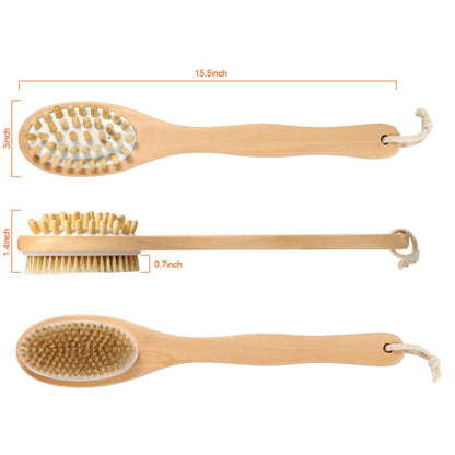 KWEL Wooden Double-sided Bath Brush With Massager and Long Handle | Natural Bristles | Dry Brushing Removes Dead Skin, Treats Cellulite & Stimulates Blood Flow